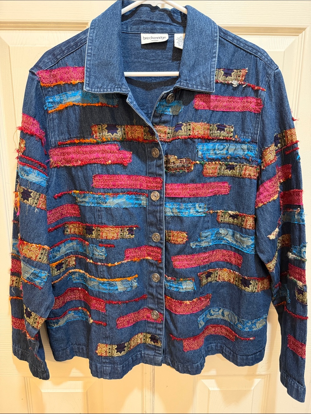 Vintage 90s Breckenridge Multicolored Distressed Patchwork Layering Jean Jacket